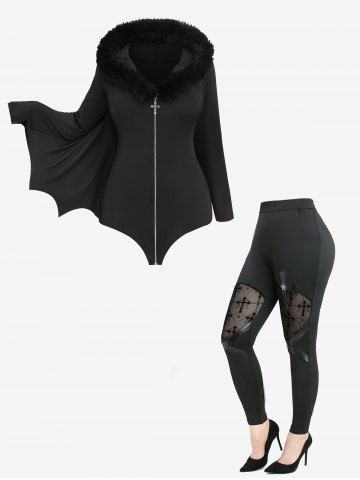 Fur Neck Bat Wings Hooded Coat and Cross Floral Flocking Mesh Patchwork PU Leather Leggings Plus Size Outfit - BLACK