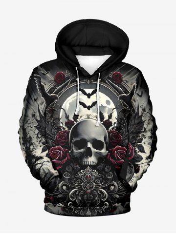Sweat à Capuche Imprimé Rose et Chauves-Souris Halloween Grande Taille avec Poche pour Homme - BLACK - 2XL