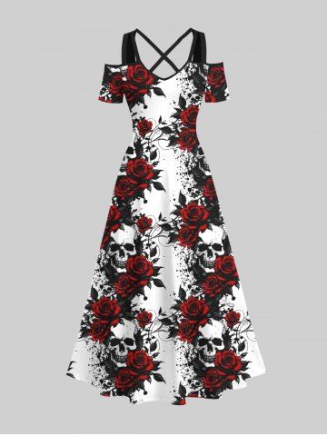 Plus Size Halloween Costume Skulls Rose Flower Print Cold Shoulder Crisscross Maxi Dress - MULTI-A - 1X