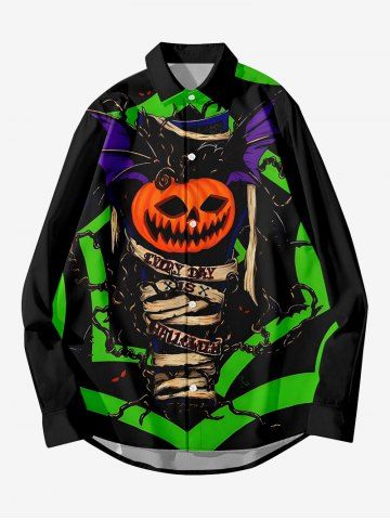 Plus Size Pumpkin Chain Colorblock Print Halloween Button Shirt For Men