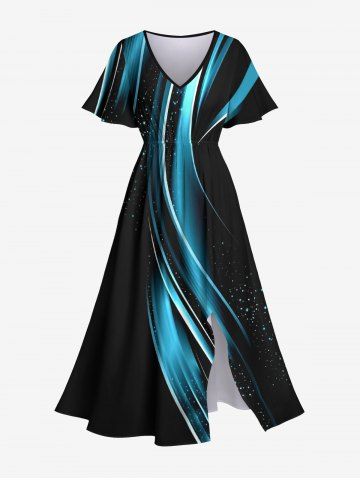 Plus Size Galaxy Glitter Light Beam 3D Print Split Hawaii Midi Dress - BLACK - M