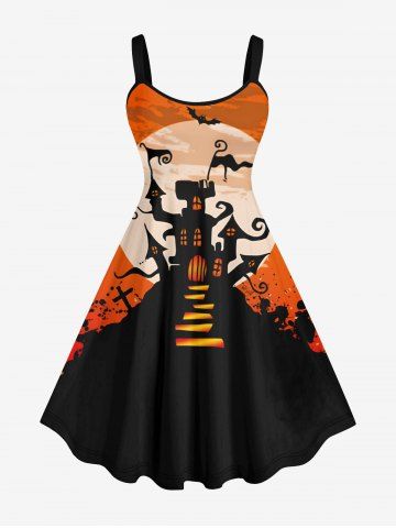 Robe Halloween Femme Style Années 50 - Manches Longues - Imprimé Chauves-souris Et Lune Bleue - Jupe Swing évasée