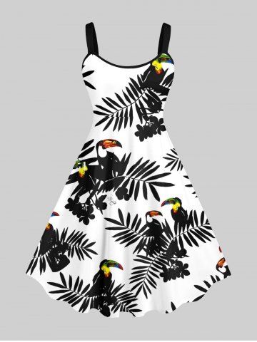 Plus Size Tropical Leaves Parrots Print Hawaii A Line Tank Dress - WHITE - 2X