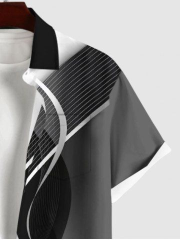 Plus Size Curved Line Colorblock Print Hawaii Buttons Pocket Shirt For Men