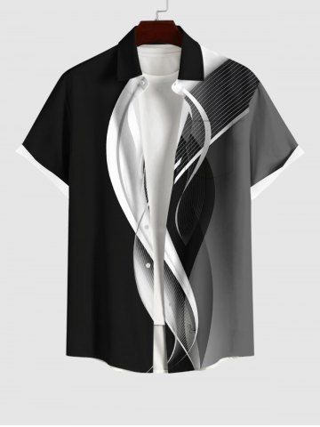 Plus Size Curved Line Colorblock Print Hawaii Buttons Pocket Shirt For Men