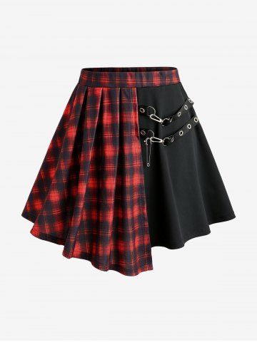 Plus Size Plaid Patchwork PU Leather Stripes Grommets Asymmetrical Skirt - RED - L | US 12