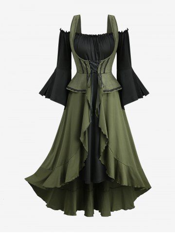 Plus Size Lace Up Ruffles Ruched Lettuce Hem Split Flare Sleeve Cold Shoulder 2 In 1 Dress - DEEP GREEN - 5X | US 30-32