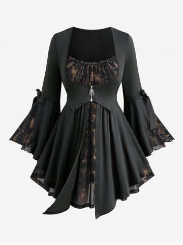 Plus Size Flowers Leaf Print Ruffles Ruched Spider Shaped Zipper Bowknot Flare Sleeve 2 In 1 Top - BLACK - 2X | US 18-20