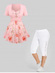 Ruffles Ruched Hot Stamping Flower Printed Chiffon Cami Top and Textured Crop Top and High Waisted Lace Up Capri Pants Plus Size Outfit -  