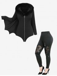 Fur Neck Bat Wings Hooded Coat and Cross Floral Flocking Mesh Patchwork PU Leather Leggings Plus Size Outfit -  
