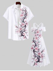 Peach Blossom Flower Print Plus Size Matching Hawaii Beach Outfit For Couples -  