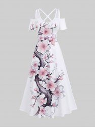 Plus Size Peach Blossom Flower Print Cold Shoulder Crisscross Hawaii Maxi Dress -  