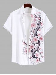 Plus Size Peach Blossom Flower Print Buttons Pocket Hawaii Shirt For Men -  