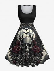 Robe Vintage Costume D'Halloween Chauve-souris Rose Crâne Imprimés de Grande Taille - Noir 5X
