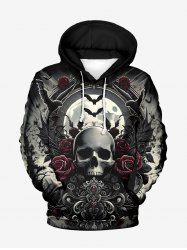 Plus Size Halloween Skull Rose Flower Moon Bat Tree Print Pocket Hoodie For Men -  