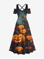 Maxi Robe D'Halloween Citrouille Feuille Imprimées à Epaule Dénudée Grande Taille - Noir 3X
