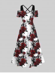 Plus Size Halloween Costume Skulls Rose Flower Print Cold Shoulder Crisscross Maxi Dress -  