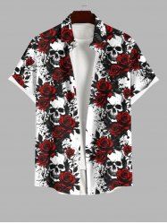 Plus Size Halloween Costume Skulls Rose Flower Print Buttons Pocket Shirt For Men -  
