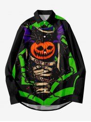 Plus Size Pumpkin Chain Colorblock Print Halloween Button Shirt For Men -  