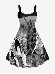 Robe D'Halloween Costume Ligne A Château Chaussette et Chauve-souris Imprimés de Grande Taille - Noir L