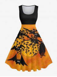 Robe Trapèze D'Halloween Vintage Chauve-souris Branche D'Arbre Imprimé de Grande Taille - Orange S