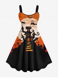 Robe D'Halloween Costume Chauve-souris Château et Lune Imprimés en Blocs de Couleurs de Grande Taille - Noir S