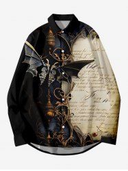 Plus Size Metallic Bat Newspaper Print Halloween Button Shirt For Men -  
