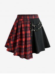 Plus Size Plaid Patchwork PU Leather Stripes Grommets Asymmetrical Skirt -  