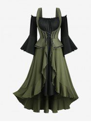 Plus Size Lace Up Ruffles Ruched Lettuce Hem Split Flare Sleeve Cold Shoulder 2 In 1 Dress -  