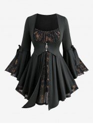 Haut 2 en 1 grande taille à volants, imprimé fleurs et feuilles, froncé, en forme d'araignée, fermeture éclair, nœud papillon, manches évasées - Noir 3X | US 22-24