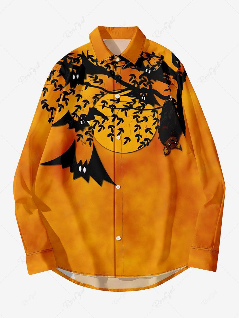 Chemise D'Halloween Boutonné Branche D'Arbre Lune Imprimée Grande Taille pour Homme Orange Foncé 6XL