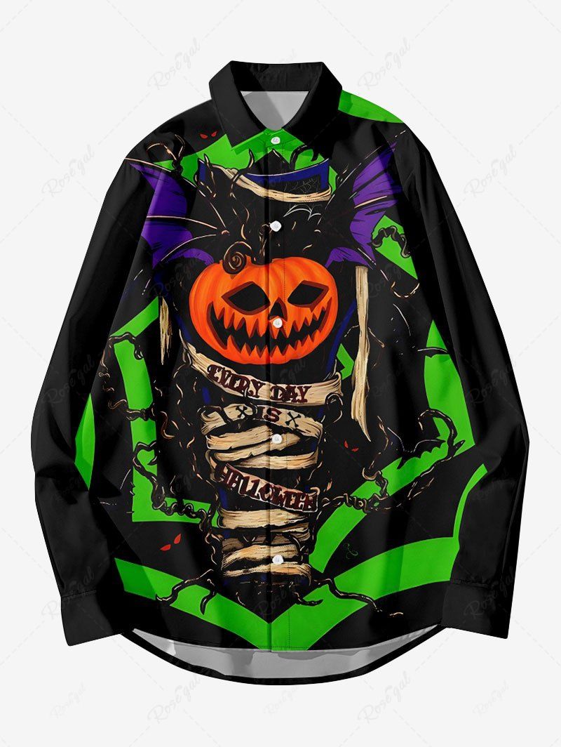 Store Plus Size Pumpkin Chain Colorblock Print Halloween Button Shirt For Men  