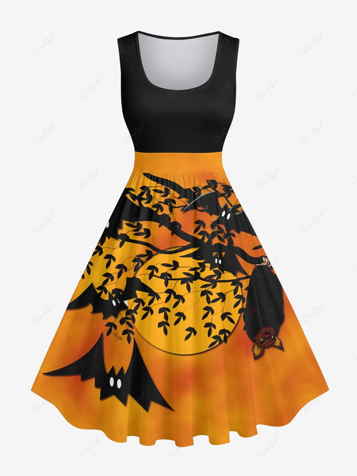 Robe Trapèze D'Halloween Vintage Chauve-souris Branche D'Arbre Imprimé de Grande Taille Orange S