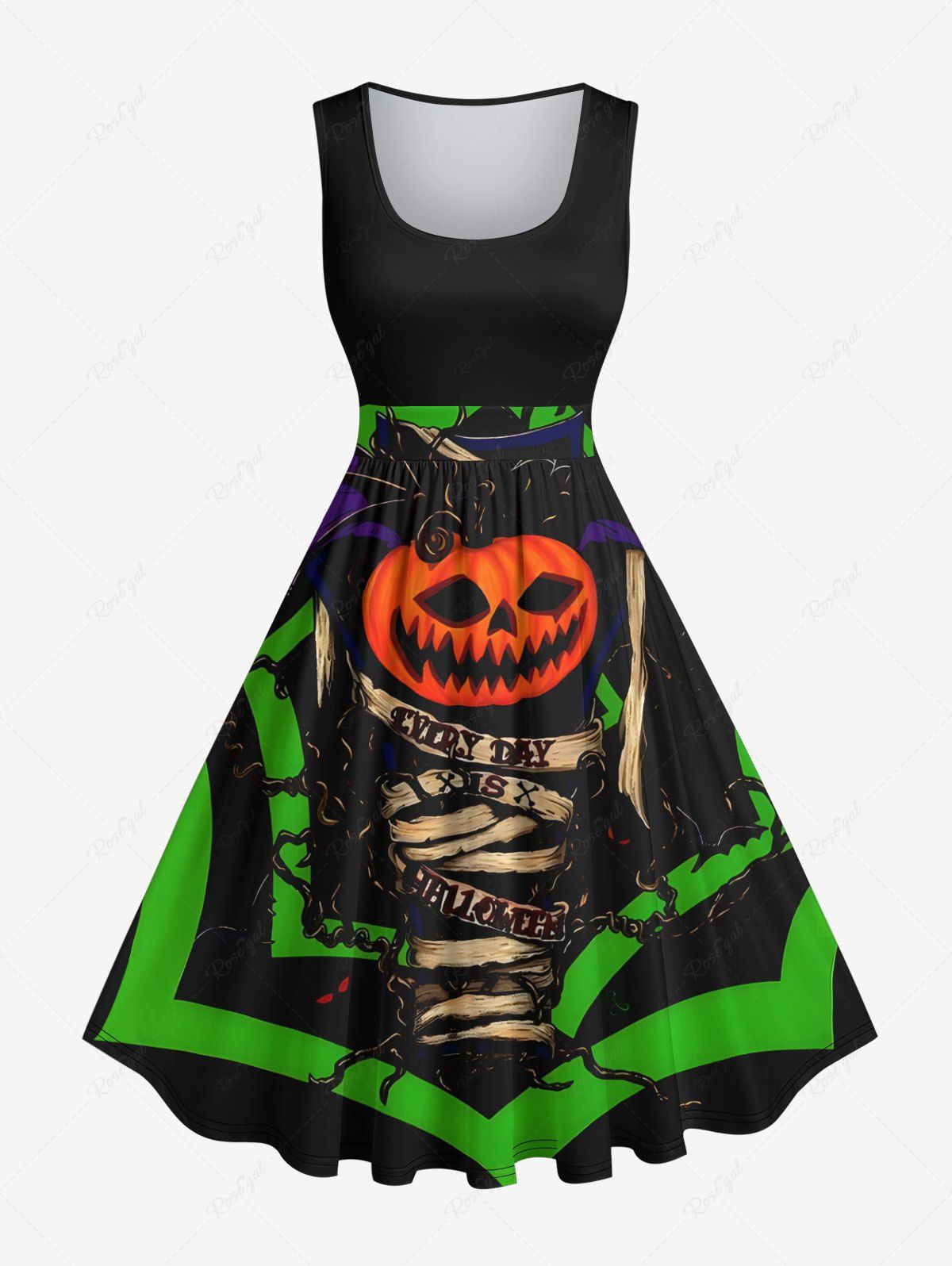 Robe D'Halloween Trapèze en Blocs de Couleurs Vintage Citrouille Imprimée Grande Taille Noir S