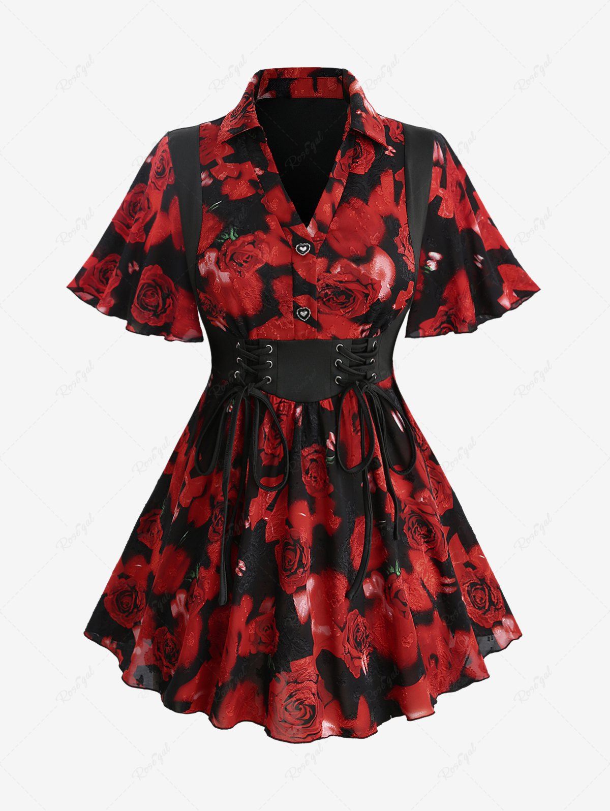Outfit Plus Size Rose Flower Print Jacquard Lace Up Heart Buttons Blouse  