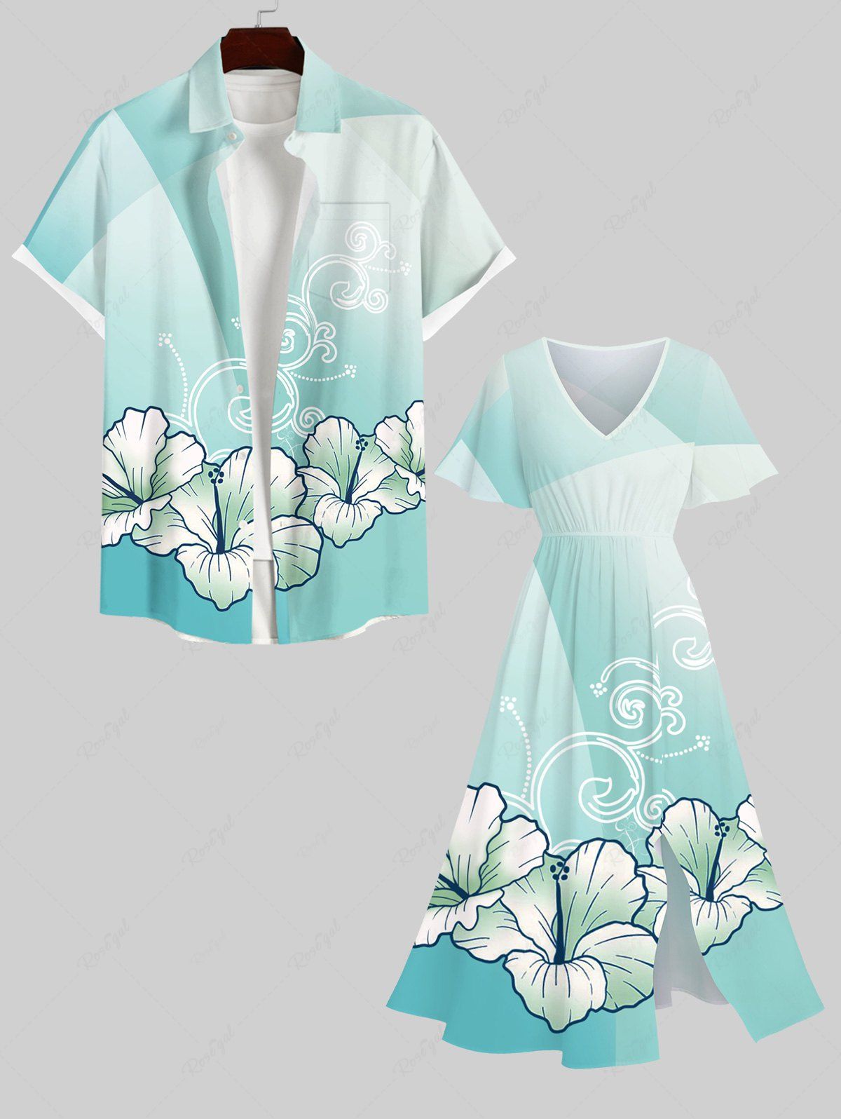 Tenue de Plage Grande Taille Imprimé à Fleurs et Branches Courbées pour Couples Vert 