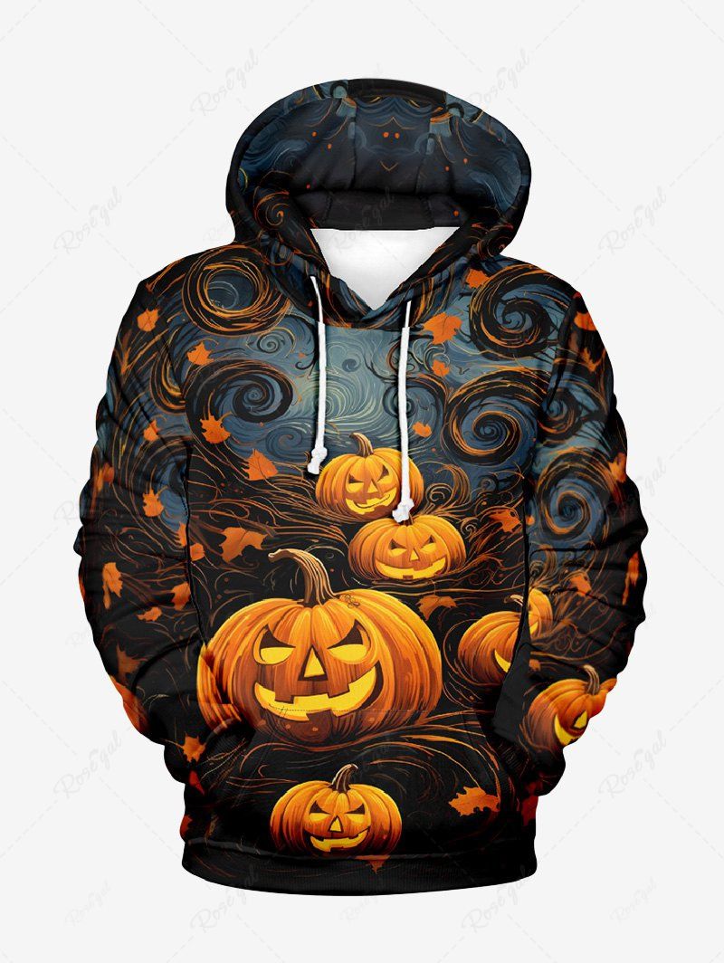 Best Plus Size Halloween Costume Pumpkin Latern Leaf Sea Waves Print Pocket Drawstring Hoodie For Men  