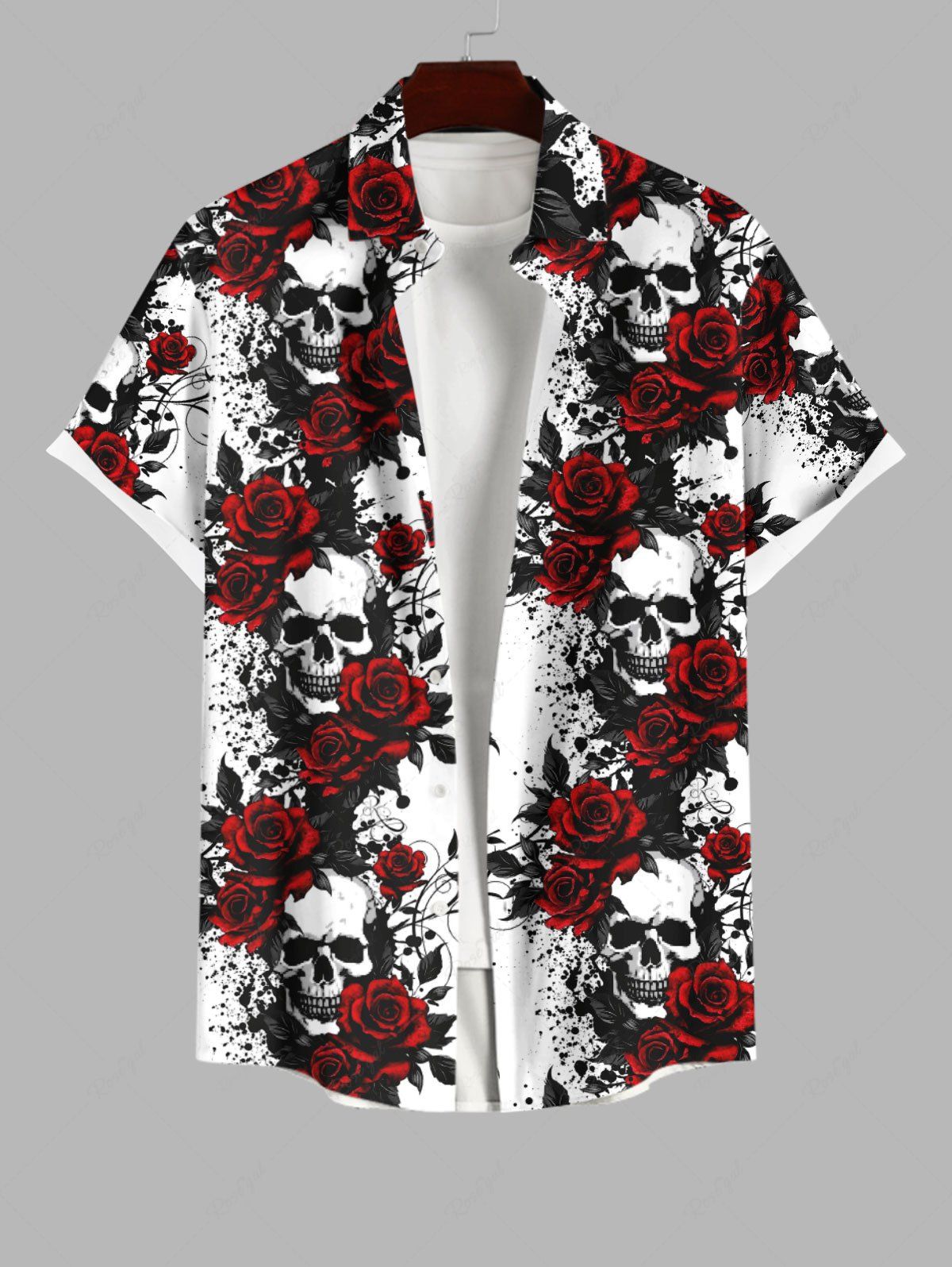 Latest Plus Size Halloween Costume Skulls Rose Flower Print Buttons Pocket Shirt For Men  