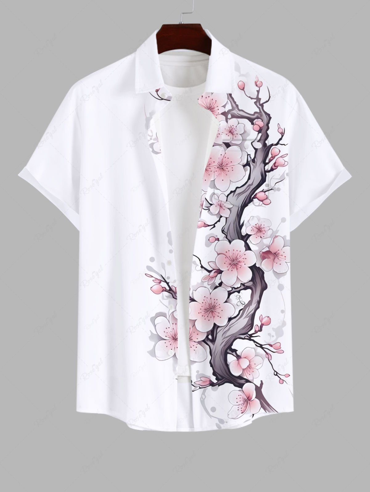 Best Plus Size Peach Blossom Flower Print Buttons Pocket Hawaii Shirt For Men  