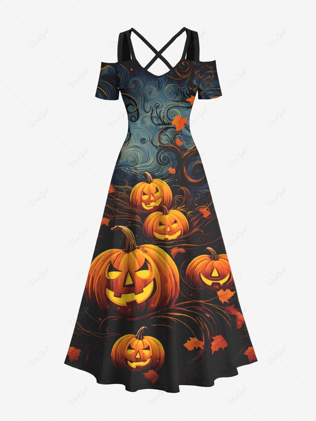 Maxi Robe D'Halloween Citrouille Feuille Imprimées à Epaule Dénudée Grande Taille Noir 3X