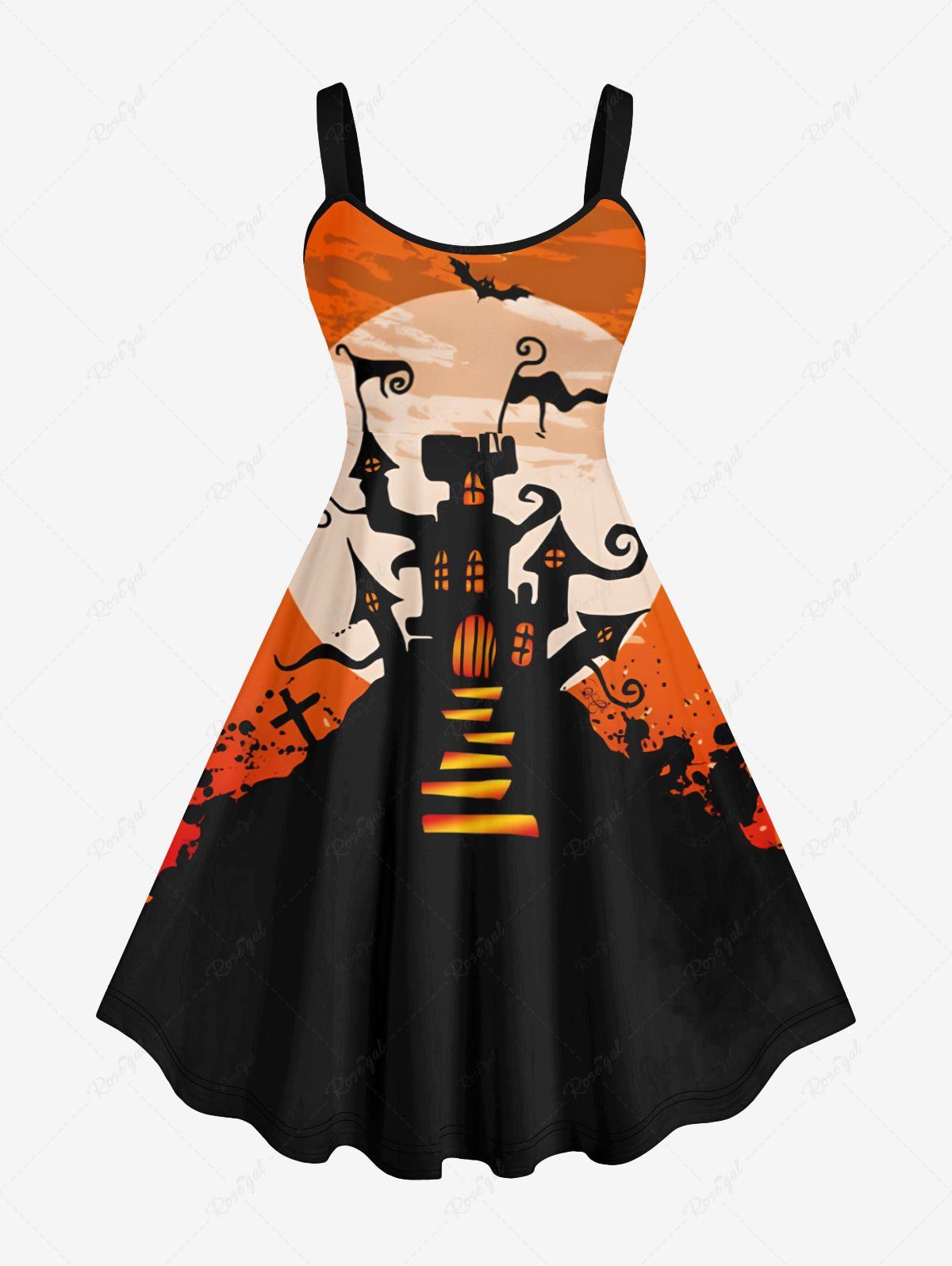 Robe D'Halloween Costume Chauve-souris Château et Lune Imprimés en Blocs de Couleurs de Grande Taille Noir S