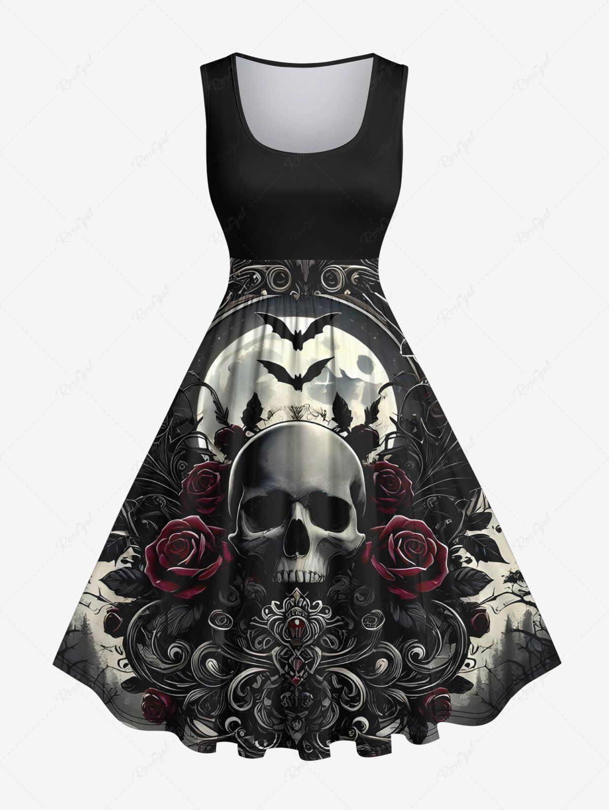 Robe Vintage Costume D'Halloween Chauve-souris Rose Crâne Imprimés de Grande Taille Noir L