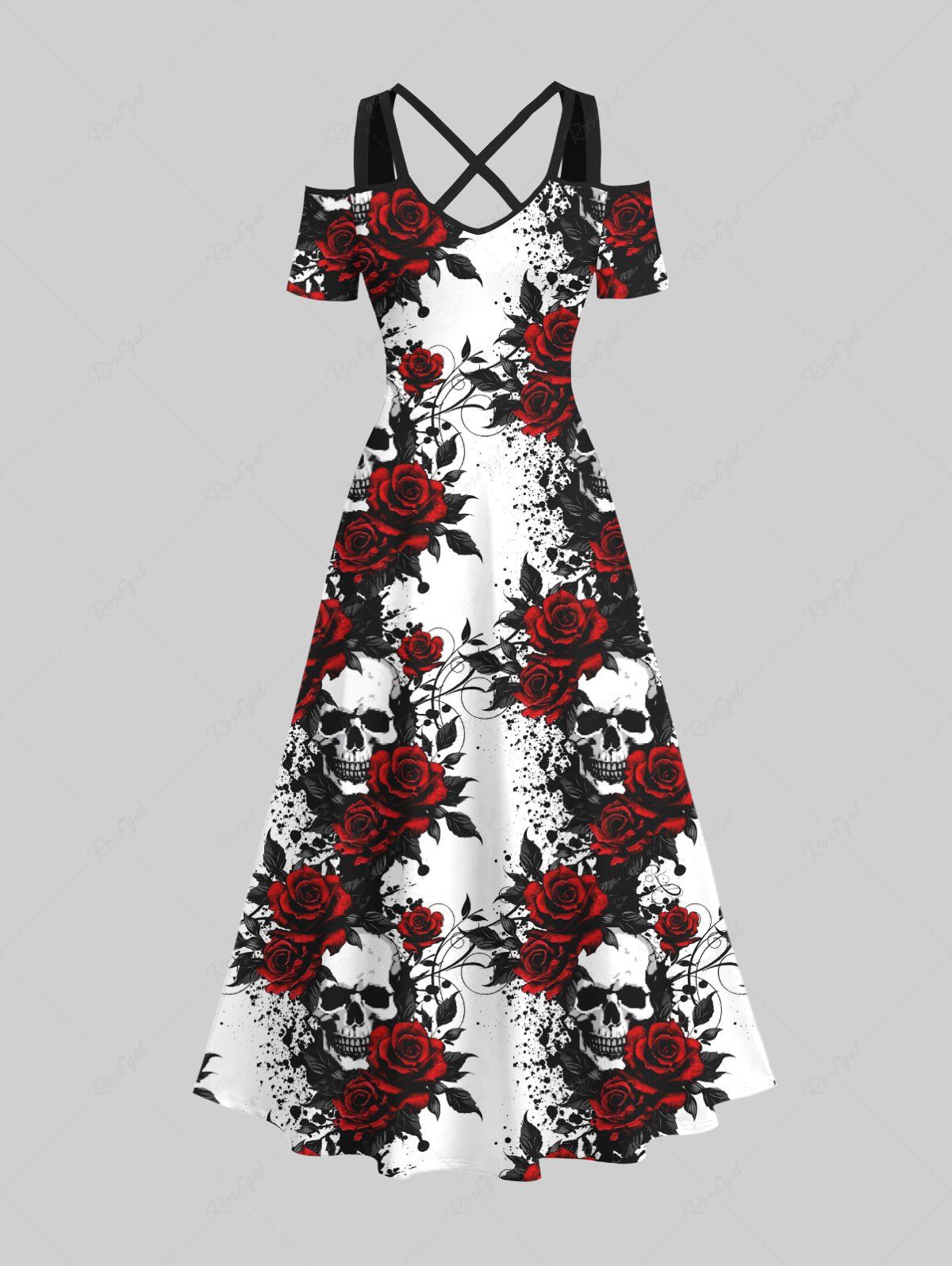 Maxi Robe D'Halloween Rose Crâne Imprimée à Epaule Dénudée de Grande Taille Multi-A S
