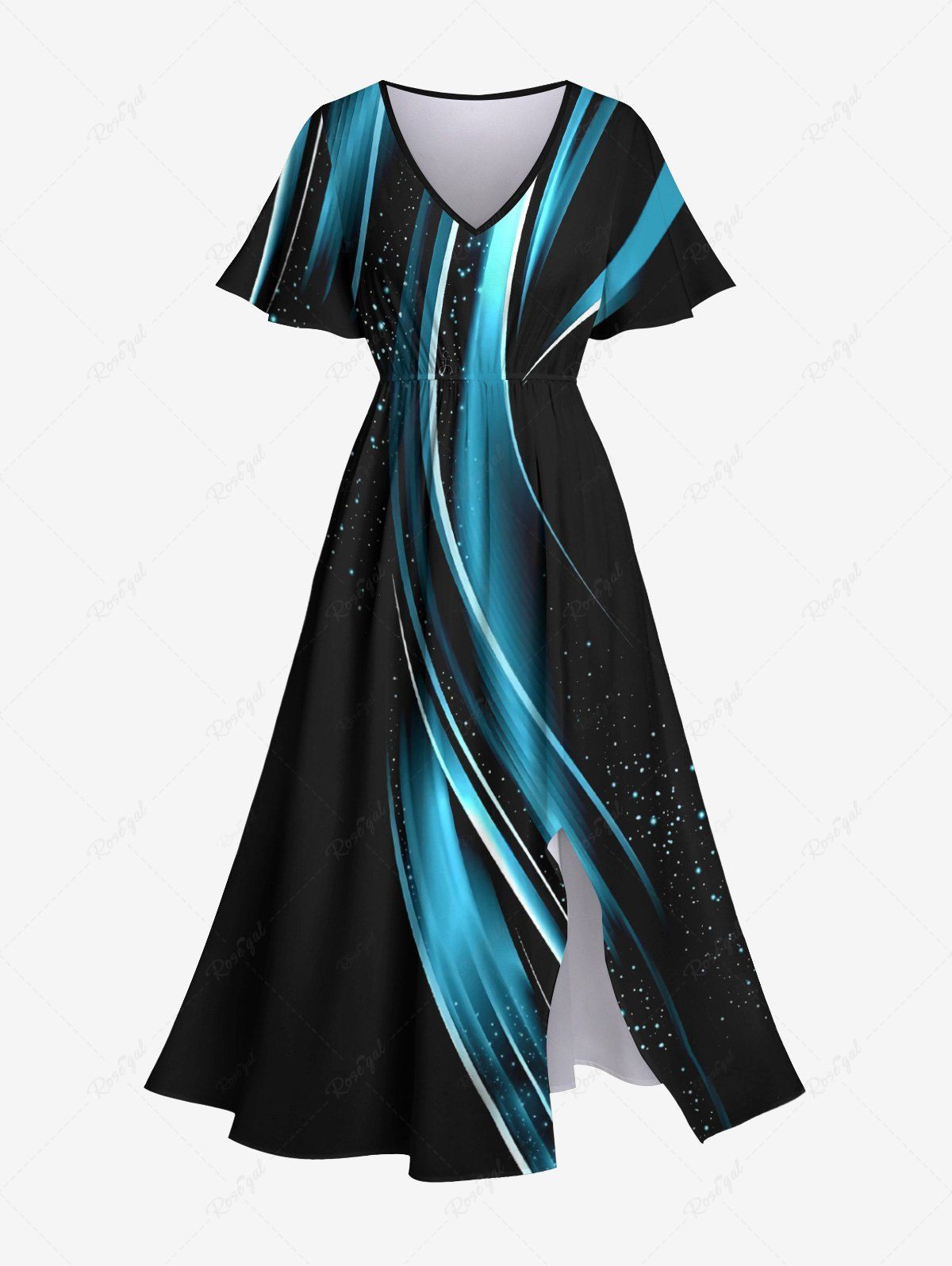 Fashion Plus Size Galaxy Glitter Light Beam 3D Print Split Hawaii Midi Dress  