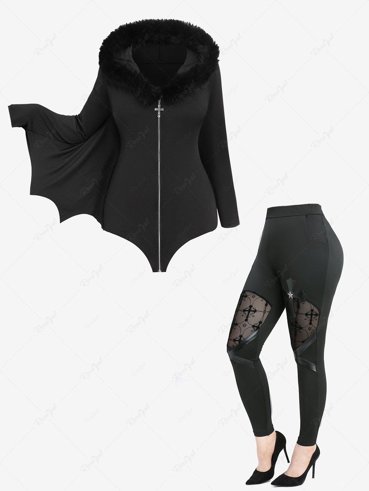 Fancy Fur Neck Bat Wings Hooded Coat and Cross Floral Flocking Mesh Patchwork PU Leather Leggings Plus Size Outfit  