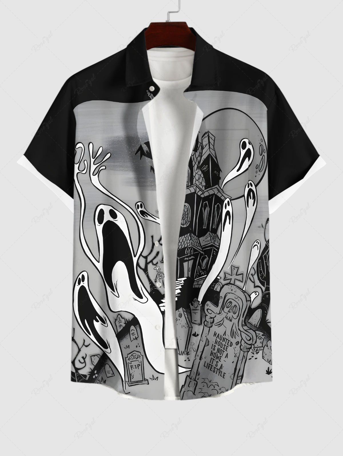 Chemise D'Halloween Boutonnée Fantôme avec Poche Cachée Grande Taille pour Homme Noir 4XL