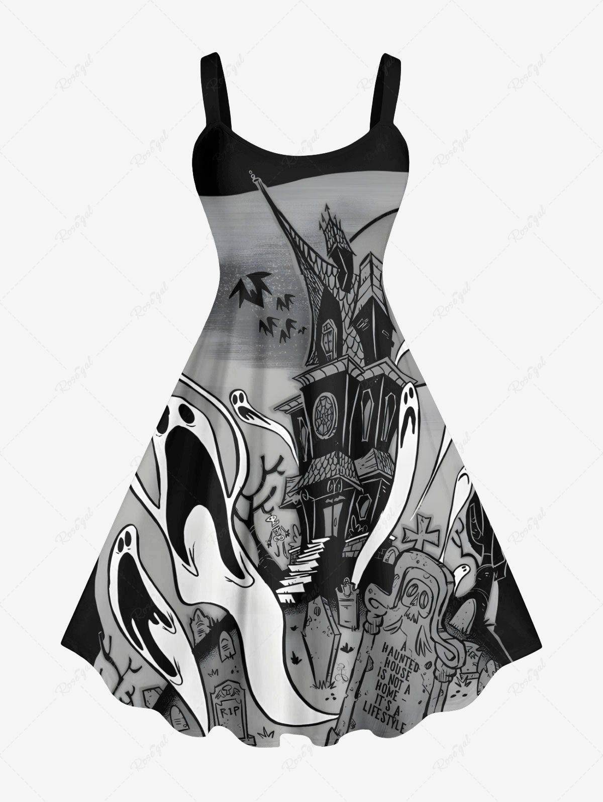 Robe D'Halloween Costume Ligne A Château Chaussette et Chauve-souris Imprimés de Grande Taille Noir 3X