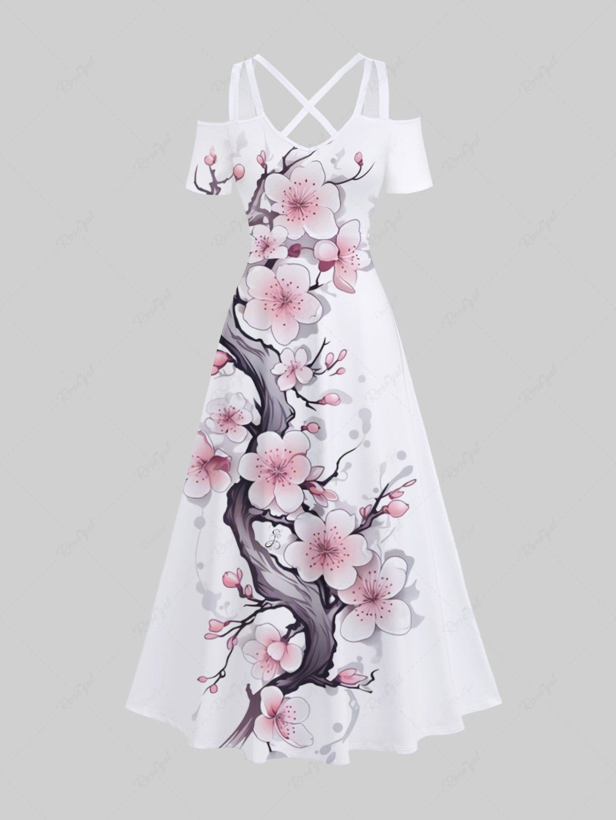 Best Plus Size Peach Blossom Flower Print Cold Shoulder Crisscross Hawaii Maxi Dress  
