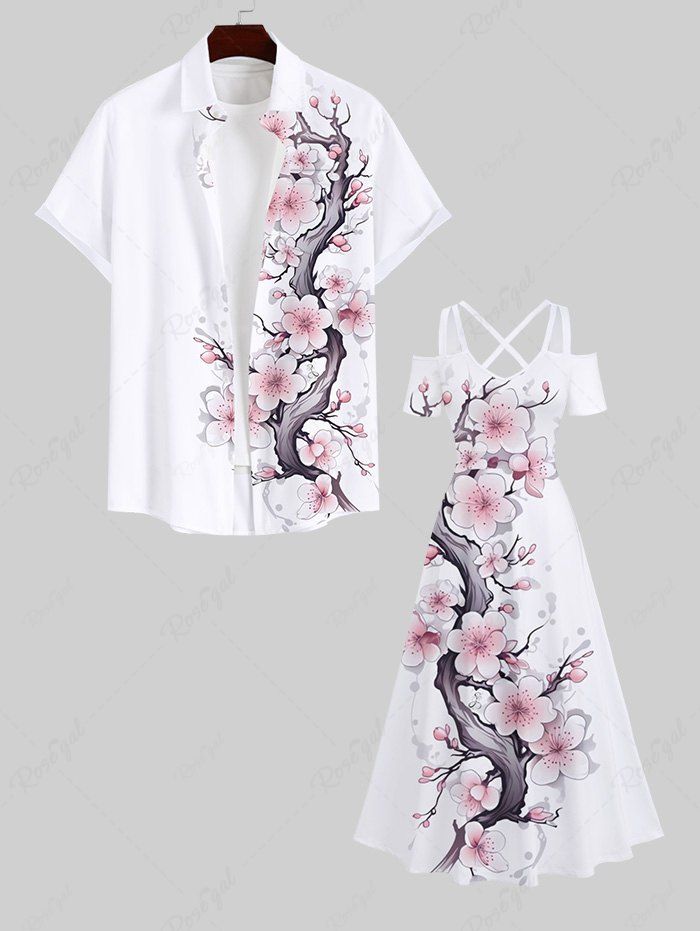 Store Peach Blossom Flower Print Plus Size Matching Hawaii Beach Outfit For Couples  