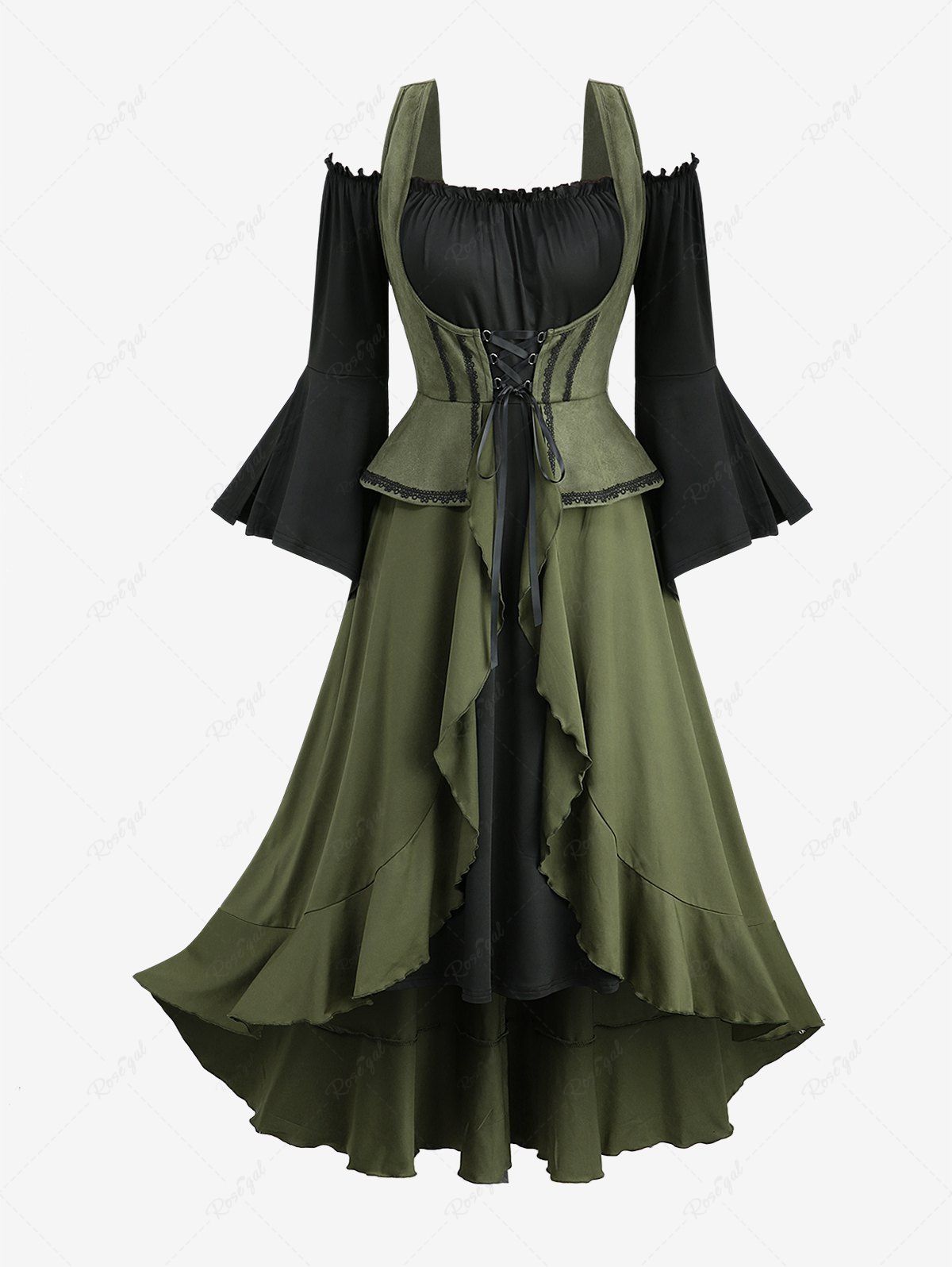 Hot Plus Size Lace Up Ruffles Ruched Lettuce Hem Split Flare Sleeve Cold Shoulder 2 In 1 Dress  